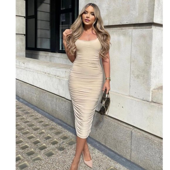 Beige Sleeveless Square Neck Ruched Bodycon Midi Dress - Picture 2 of 9